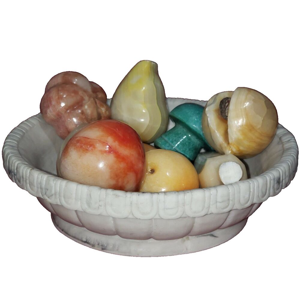 Vtg 9 Real Marble Stone Fruit Pieces In Ivory Faux Marble Stone Bowl Great Decor